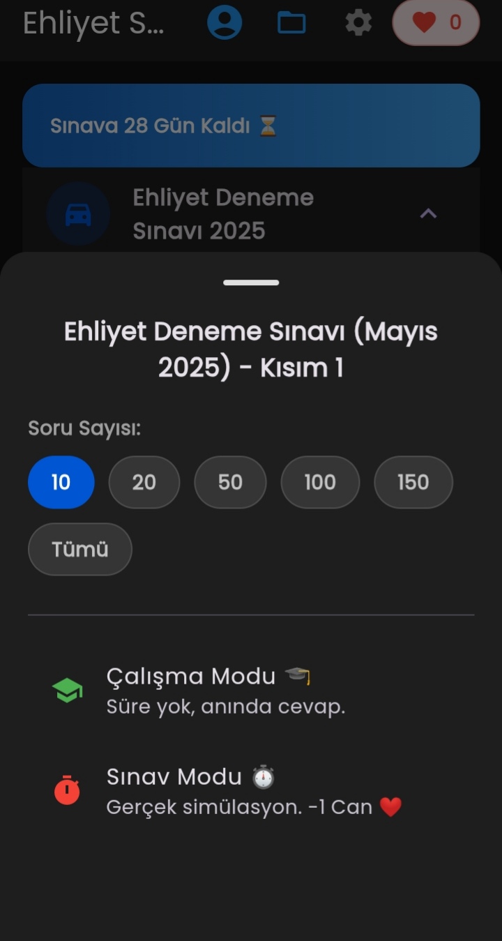Ehliyet sınavı testleri mobil uygulama ekran görüntüleri
