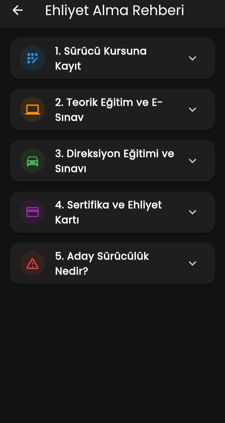 Ehliyet sınavı testleri mobil uygulama ekran görüntüleri